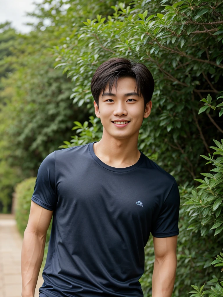 独奏: 1.5, (As a matter of fact, Masterpiece, 8k HD, good light quality, sportswear, fit the face, complicated details), A handsome, muscular young Korean man. , 20 years old, be happy, smile brightly, detailed face, delicate eyes, มองดูsky, Wear a navy tight T-shirt.:1.6, period, black eyes, Black hair color, ผมsmooth, smooth, outdoor sports, Along the garden, Sunny,sky,Surreal,Awesome details,Highest quality,real,Open your mouth to talk. , Close your eyes., Seaside, beach, sunlight, running towards the camera
