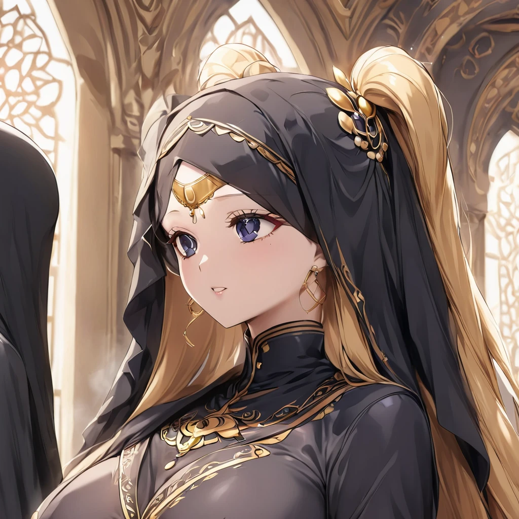 ((Highest quality)), ((masterpiece)), (detailed), （Perfect Face）、Women must wear black hijabs and niqabs、The woman is Tsukino Usagi, a devout Muslim., Arab with bright brown skin, In an Islamic prayer hall、She wears a gorgeous black abaya with gold embroidery.。, A gorgeous black hijab and niqab tightly covers her head, Gorgeous hair ornament, Gorgeous jewellery and engagement rings. The woman and the man are in a luxurious palace, And the woman、Wearing Arab national dress、In an Islamic prayer hall with a dignified bearded middle-aged Arab Muslim man。.、The woman is the elegant Tsukino Usagi, Her long blonde hair was tied in twin tails, Black abaya and、She is wearing a gorgeous, skin-tight black hijab and niqab.. She is a devout Muslim Arab with vibrant brown skin.。.、（The woman was named Tsukino Usagi.、He is a dark-skinned Arab and a devout Muslim.。.）