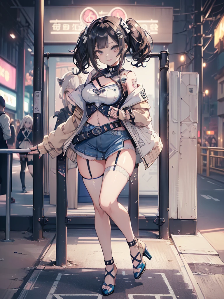 (Full Body View:1.2)、(Full body:1.3)、(Smiling with teeth showing:1.3),(Shibuya Gal:1.5)、(Beautiful ballerinas:1.4)、(Neo-goth fashion:1.5)、(Punk RockVisual Kei:1.3)、(Futuristic bodysuit in white, beige and denim with embellishments:1.5)、(A delicate short jacket in denim, beige and navy:1.5)、(Denim garter belt:1.5)、(Tattered denim and a white micro mini skirt:1.3)、(Heart-shaped silver accessories:1.5)、(Brown Skin Belt:1.4)、(Blue High Heels:1.4)、(Lace patterned underwear:1.4)、20-year-old、NSFW,((Highest quality、In 8K、masterpiece:1.3))、Sharp focus:1.2、(Layered Cut、Huge boobs:1.1),Beautiful woman with perfect figure:1.4、(Doing an aerobics pose:1.3)、Slender Abs:1.2、Butt、Highly detailed face and skin texture、Detailed eyes、double eyelid,(Twin tails:1.3)、(Black brown hair:1.3)、Obscene、Gravure idol、(Luxurious amusement park at night:1.3)、(Make your legs thinner:1.4)、(Thin thighs:1.4)、(Slim body:1.3)、(clavicle:1.1)