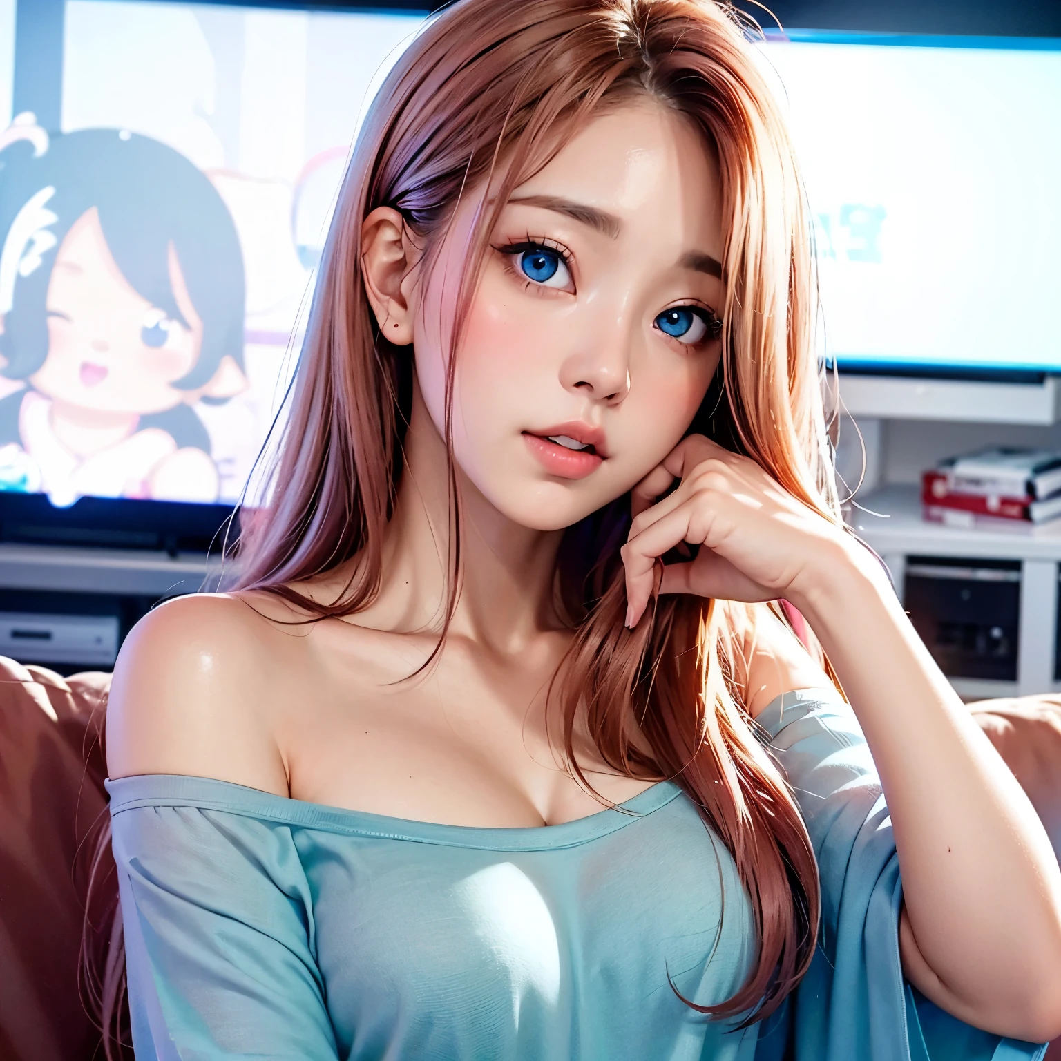 a cute girl, blue eyed, pink and long hair, breast, full body, Wearing a t-shirt, Watching TV, by style of onii kei, dreamy and romantic, light gray and light amber, jagged edges, light teal and light red, timeless beauty, 8k