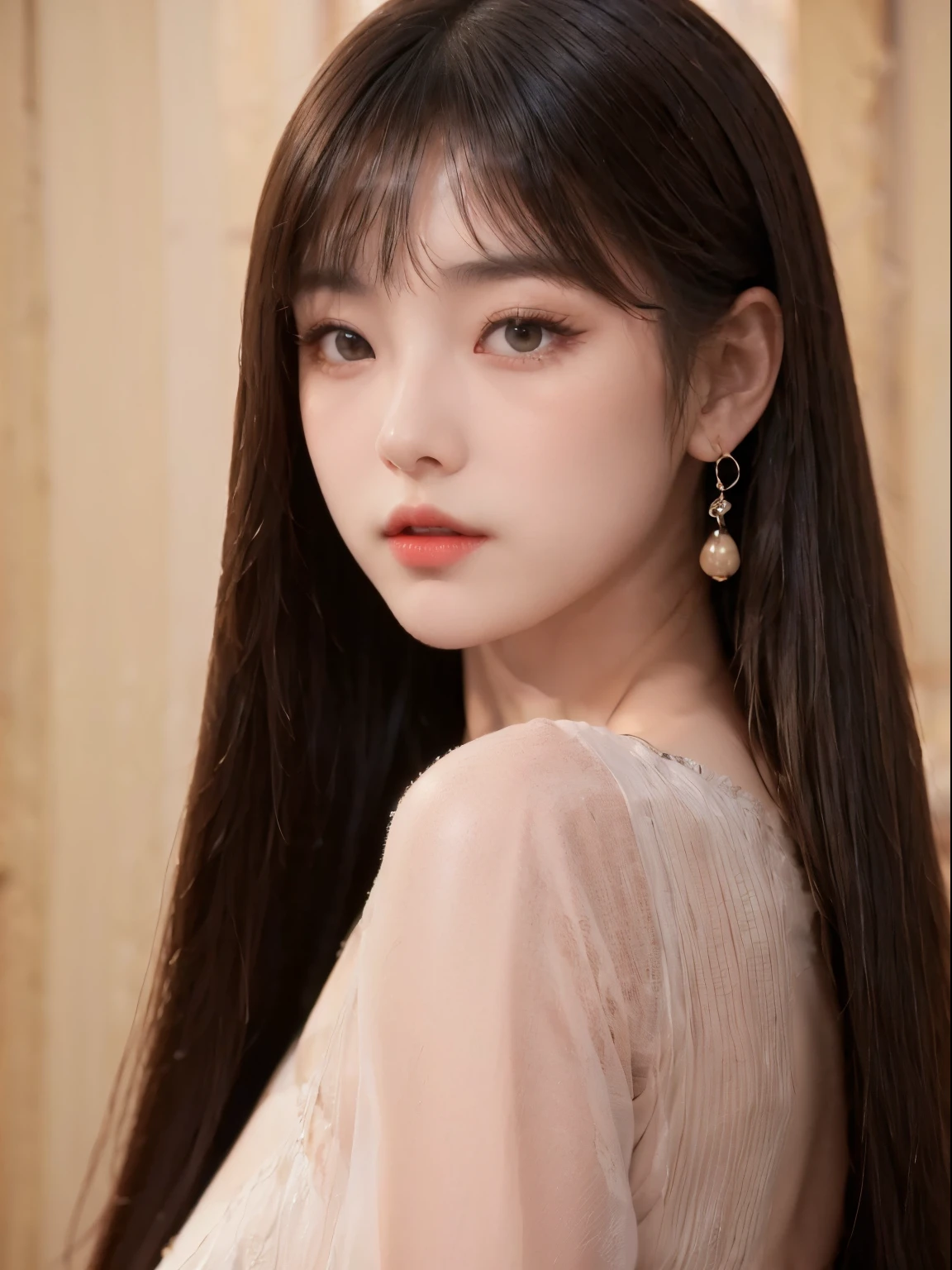 (K、uhd、top quality、masterpiece:1.2)、(realistic、realistic:1.37)、Portrait with elegant hairstyle。her hair is stylish and straight..、Rich black color。Makeup consists of nude lips and subtle brown eye shadow.、Highlights an elegant and sophisticated appearance.。wearing a chic dress。