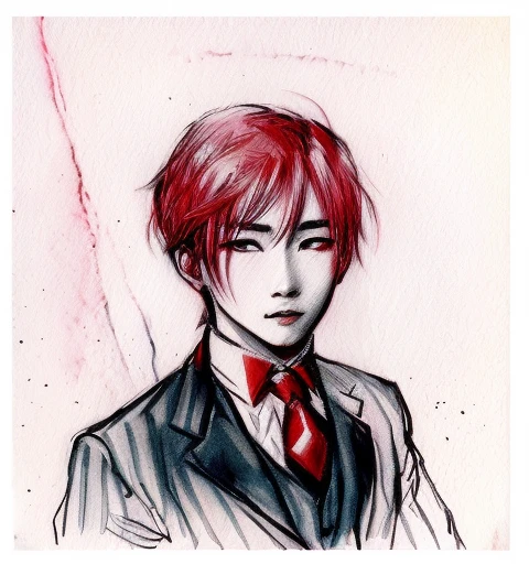 painting of a man with red hair and a tie in a suit, portrait of kpop idol, inspired by jeonseok lee, inspired by Yukihiko Yasuda, delicate androgynous prince, inspired by Itō Ogura Yonesuke, inspired by Munakata Shikō, inspired by Bian Shoumin, inspired by Kanō Takanobu