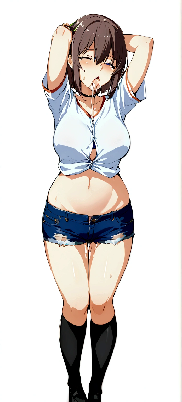 penis,Cum in mouth,deep throat ,Black knee socks,Jeans Shorts,Hands behind head
