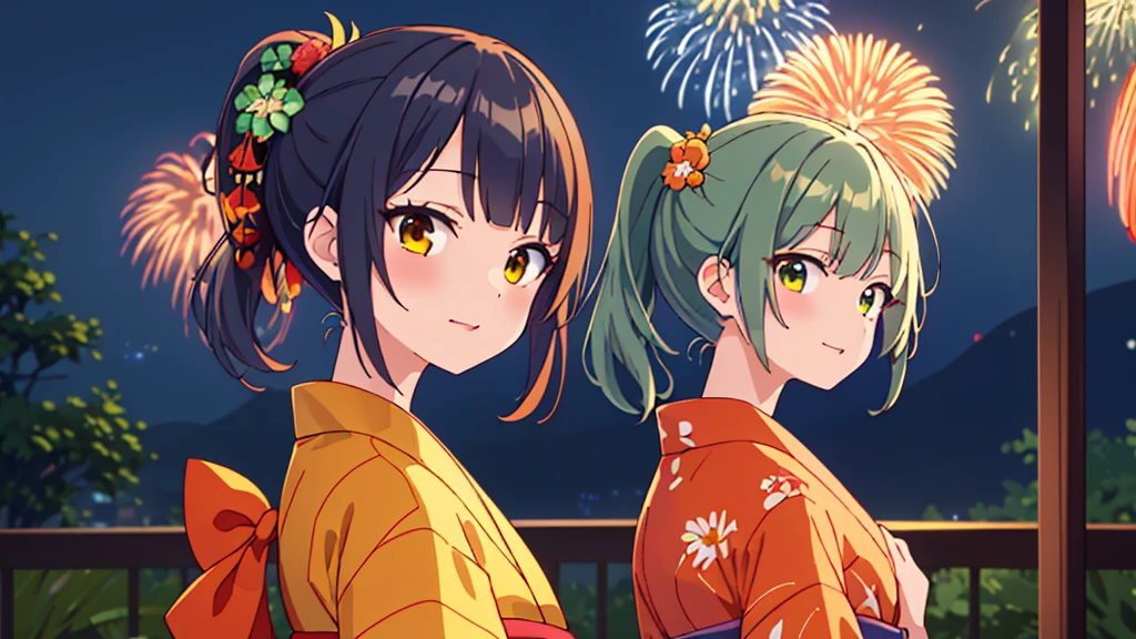masterpiece、Detailed Background、night、firework、Beautiful light、Light and Dark、1girl, solo girl（Ash green hair、Medium length ponytail、Straight bangs、A little hair on the side、Brown eyes、hair ornaments：orange）, (green yukata), Look back and see this、Laugh gently、