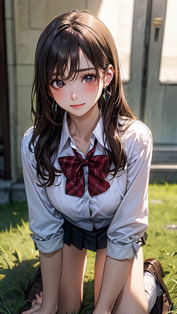 (masterpiece:1.2, top-quality), (realistic, photorealistic:1.4), beautiful illustration, (natural side lighting, movie lighting),
looking at viewer, cowboy shot, front view:0.6, 1 girl, japanese, high school girl, perfect face, cute and symmetrical face, shiny skin,
(long hair:1.8, straight hair:1.7, light brown hair), parted bangs, emerald green eyes, long eye lasher, (large breasts:0.9, thick thighs),
beautiful hair, beautiful face, beautiful detailed eyes, beautiful clavicle, beautiful body, beautiful chest, beautiful thigh, beautiful legs, beautiful fingers,
((, white collared shirts, black pleated mini skirt, black socks, brown loafers, red bow tie)), break, hoop ring earrings, pink panties, dark blue violet cardigan, break,
(beautiful scenery),
In a grassy field, a girl is on all fours, a big dog is hugging her back from behind, and the dog's waist and the girl's buttocks are in close contact.
Her face was bright red and flushed with embarrassment.