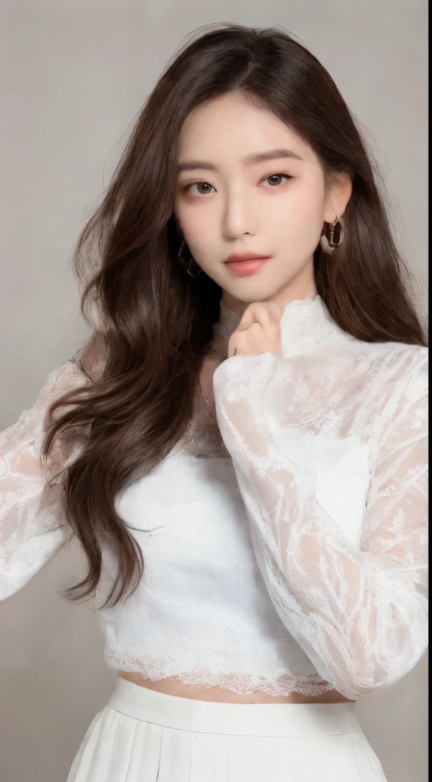 ((top quality、8K 、masterpiece:1.3))、Real Skin、marble background、full body shot、1 girl、Beautiful woman with slim abs:1.3、(long curly hair、huge breasts:1.2)、sexy look、big eyes、long sleeve white lace high neck shirt:1.1、overly detailed face、eye for detail、Put your double eyelid hands on your face、Korean beauties、white lace skirt、beautiful long legs、high heel、walking