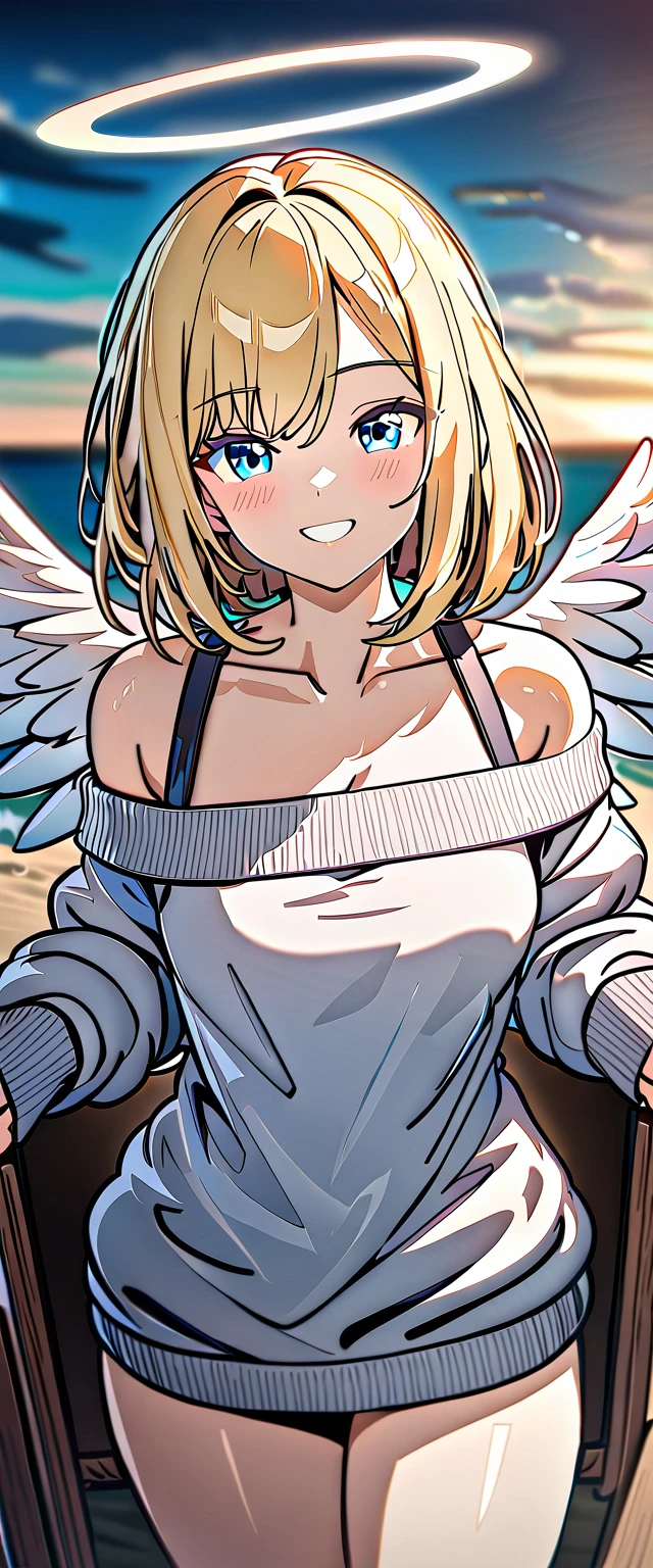 ((flying in the sky)), ((angel, big big white wings:1.3, halo:1.3)), ((sunset)), (((sea, beach))), (((cowboy shot))), archangel Uriel, ((wavy hair, outward curled hair)), evening, ((blond hair, bob cut:1.3)), breasts, teenager, (looking at viewer), oversized clothes, puffy long sleeves, collarbone, ((off-shoulder sweater:1.3, Quite thick shoulder straps)), ((white sweater)), collarbone, head tilt:1.3, (((blue eyes))), ((happy smile)), (((anime style))), (best quality, 4K, 8K, highres, masterpiece:1.2, ultra-detailed, ultra-detailed eyes, HDR, uhd, studio lighting, ultra-fine painting, sharp focus, physically-based rendering, extreme detail description, professional, vivid colors, bokeh)