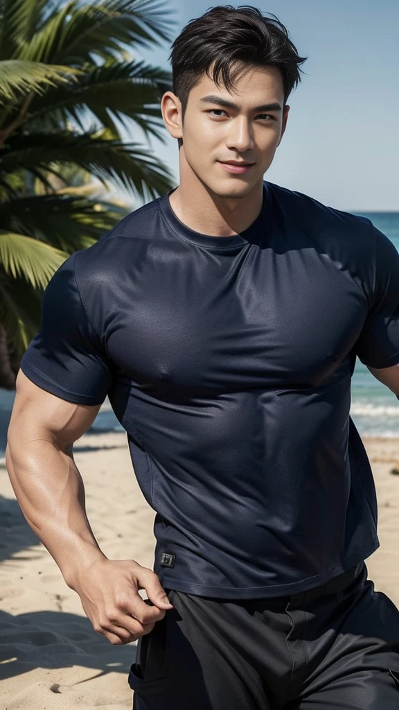 (Create a masterpiece: 1.2),(CGI art:1.3),(realistic:1.5),(After processing:1.3), (Sharp focus:1.3), 1 man, open mouth, smile, (Navy blue round neck shirt), Navy cargo pants, Korean guy , korean men, (High gloss details), chest muscles, large arm muscles, vessel, Big muscles, Broad shoulders, looking at the audience, Balancing the eyes, Seaside, beach, sunlight, running towards the camera