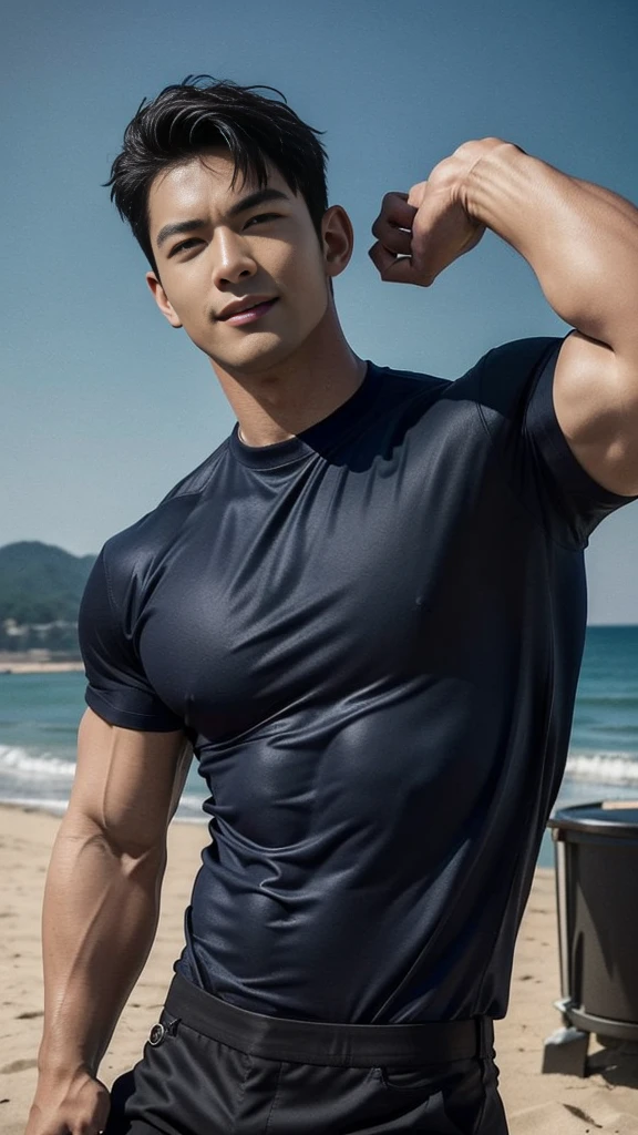 (Create a masterpiece: 1.2),(CGI art:1.3),(realistic:1.5),(After processing:1.3), (Sharp focus:1.3), 1 man, open mouth, smile, (Navy blue round neck shirt), Navy cargo pants, Korean guy , korean men, (High gloss details), chest muscles, large arm muscles, blood vessel, Big muscles, Broad shoulders, looking at the audience, Balancing the eyes, Seaside, beach, sunlight, running towards the camera