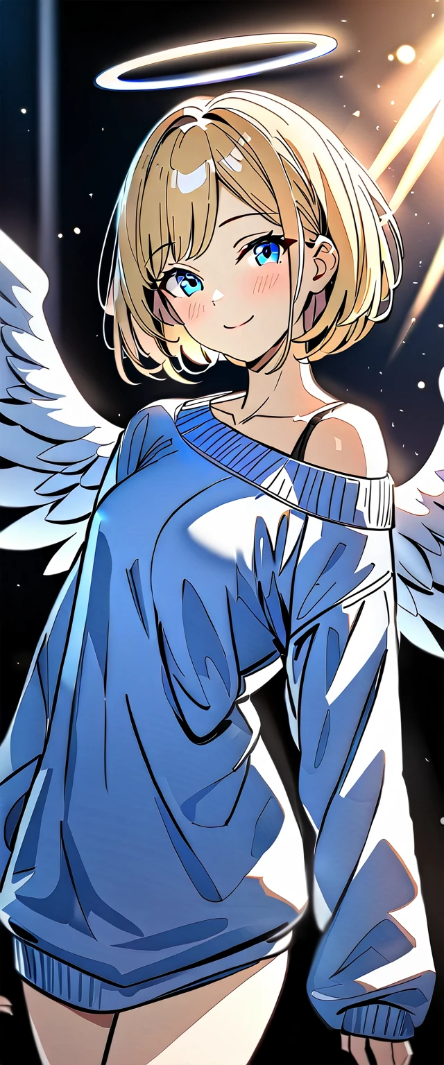 ((flying in the sky)), ((angel, big big white wings:1.3, halo:1.3)), ((sky)), ((())), (((cowboy shot))), archangel Uriel, ((wavy hair, outward curled hair)), evening, Sunset, ((blond hair, bob cut:1.3)), breasts, teenager, (looking at viewer), oversized clothes, puffy long sleeves, collarbone, ((off-shoulder sweater:1.3, Quite thick shoulder straps)), ((white sweater)), collarbone, head tilt:1.3, (((blue eyes))), ((happy smile)), (((anime style))), (best quality, 4K, 8K, highres, masterpiece:1.2, ultra-detailed, ultra-detailed eyes, HDR, uhd, studio lighting, ultra-fine painting, sharp focus, physically-based rendering, extreme detail description, professional, vivid colors, bokeh)