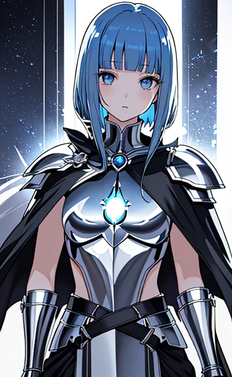(close to viewer:1.5)、(masterpiece:1.5、Photorealistic:1.4,anime coloring:1.4、high resolution:1.4)、,(spot light:1.2、Exquisite beautiful eye:1.5,)、(stand:1.5)、()、(upper body:1.7)、
(kind eyes、tareme:1.4),(Hollow Eyes)、(Cute Face)、(blue hair:1.5)、(middle hair:1.5),(sidelock :1.6),(blunt bangs:1.3),(1 girl)、(blue eyes:1.2)、(clear face:1.5),()、(solo)、(chromium metal black :1.5) ,(),(flat chest),(),(waist-cape armor:1.5),(Leg guard)、()、()、Slim Body(),Shiny Hair、