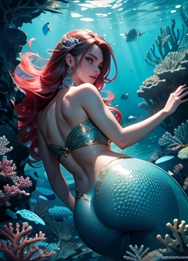 A sexy mermaid,1girl,beautiful detailed eyes,beautiful detailed lips,extremely detailed face,long eyelashes,fish tail,underwater scene,seascape,coral reef,bioluminescent plants,glowing seaweed,dramatic lighting,cinematic,photorealistic,ultra-detailed,8k,highly detailed,professional digital art,vibrant colors,deep ocean colors, this mermaid has a ass like a human.
