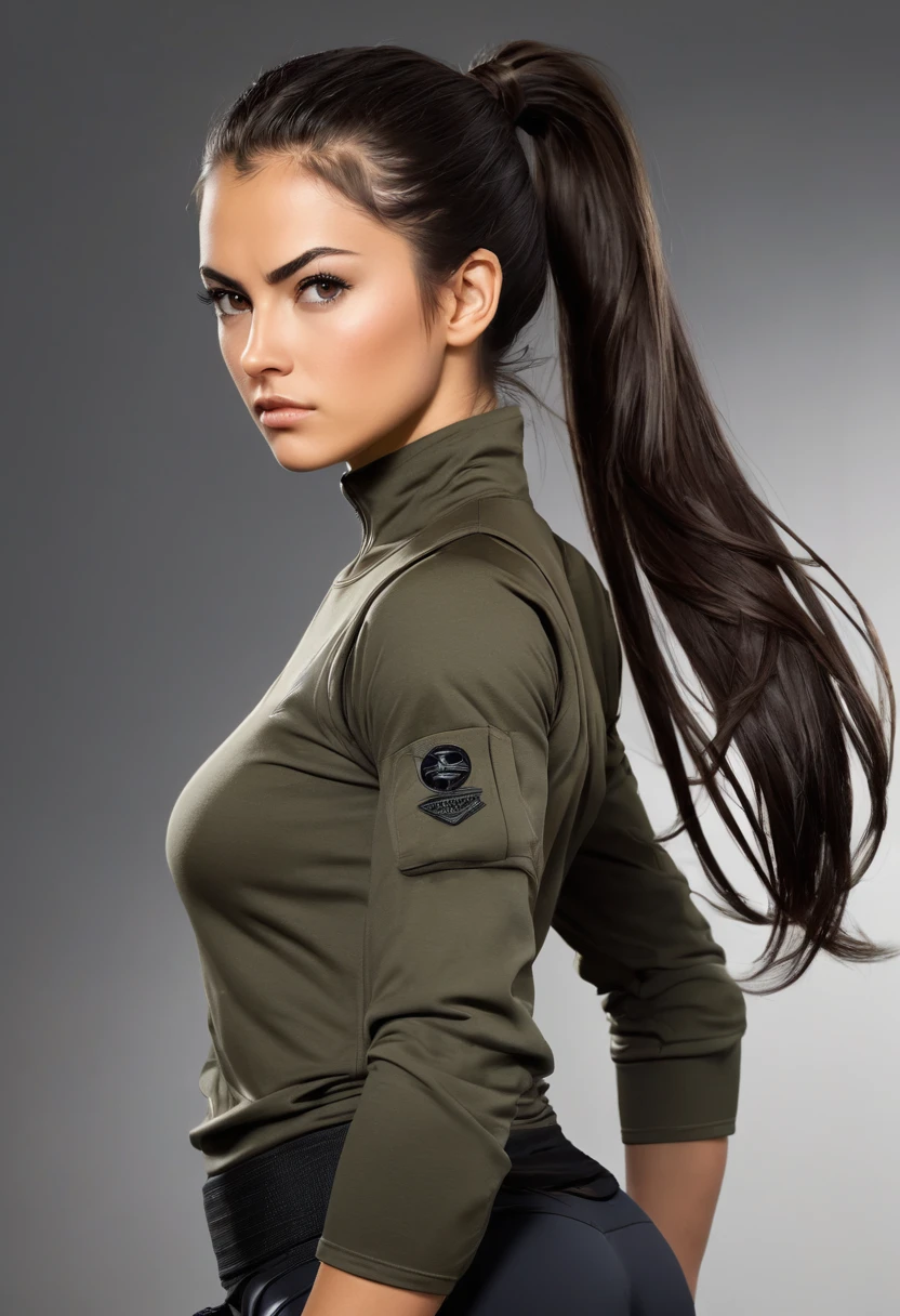 Physically, she is described as a woman of average height, avec une silhouette athlétique et musclée, result of his years of combat training. She has dark brown hair often tied in a ponytail., et des yeux bruns. His overall appearance is that of someone ready for action, avec une attitude déterminée et une posture confiante.