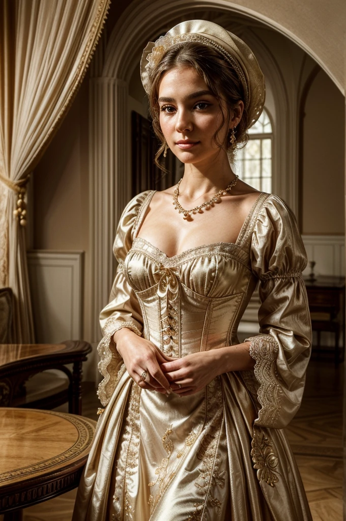 a middle-aged lady with golden hair, dressed in a traditional late 18th-century full-sleeved corset dress:
Appearance: The lady is of mid-old age, with soft golden hair styled in gentle waves that frame her face. Her complexion is fair and smooth, with a hint of rosy blush on her cheeks. Her eyes, a striking hazel, convey wisdom and grace, framed by delicate eyebrows.
Attire: She wears an opulent corset dress in sumptuous fabrics, featuring full sleeves that are gathered at the wrists and embellished with intricate lace or embroidered patterns. The bodice of her dress is tailored to flatter her figure, adorned with floral motifs or ornate designs that reflect her status. A lace collar or ruffled neckline adds a touch of elegance.
Accessories: Adorning her hair is a stylish bonnet or feathered hat, complementing the style of her dress and enhancing her refined appearance. She wears pearl earrings and a delicate necklace that glimmers softly in the light. In her hand, she holds a fan crafted with intricate detailing that matches the colors and motifs of her attire.
Expression: Her face radiates serenity and poise, with a gentle smile that exudes warmth and sophistication. Her eyes, sparkling with a hint of mischief, reveal a depth of experience and wisdom earned over the years in high society.
Background: Place her in a setting reminiscent of late 18th-century Europe, such as a grand salon adorned with classical decor or a serene garden blooming with period-appropriate flowers. Soft candlelight or natural sunlight illuminates the richness of her attire and the refined ambiance of her surroundings.