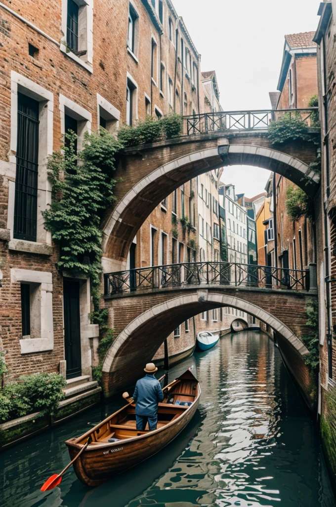 A man in a boat in a canal