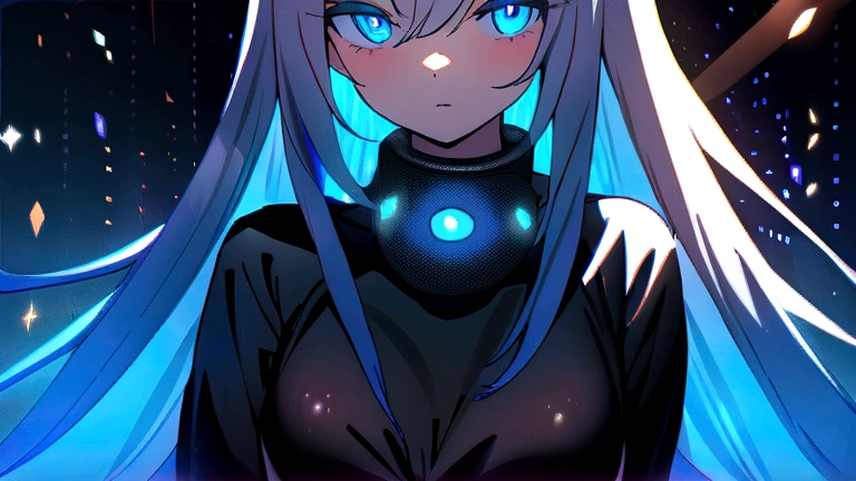 ((masterpiece)), (Highest quality), (detailed), (One girl), (Internal Data Stream) Light blue gradient hair, Glowing blue eyes, Straight hair, Wearing a modern white shirt and black dress, Covered in data particles, Locked around the neck