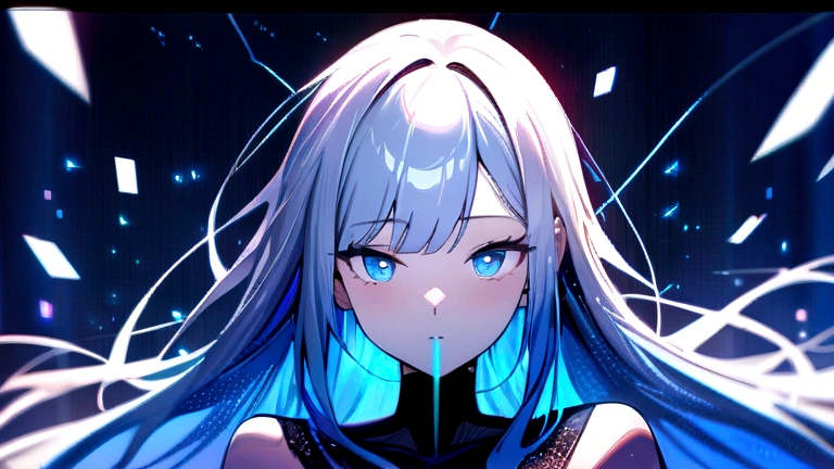 ((masterpiece)), (Highest quality), (detailed), (One girl), (Internal Data Stream) Light blue gradient hair, Glowing blue eyes, Straight hair, Wearing a modern white shirt and black dress, Covered in data particles, Locked around the neck