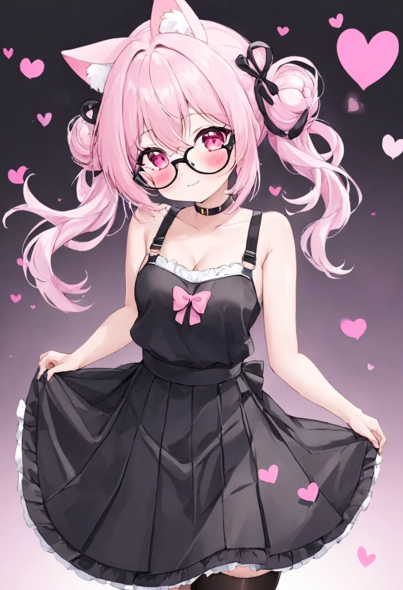 I have white pink hair, cat ears, a bun, my face is super blushing, black glasses, pink heart eyes, a Brazil, a skirt that has black straps, black stockings, white shoes, a cat's tail, a very girl Shy