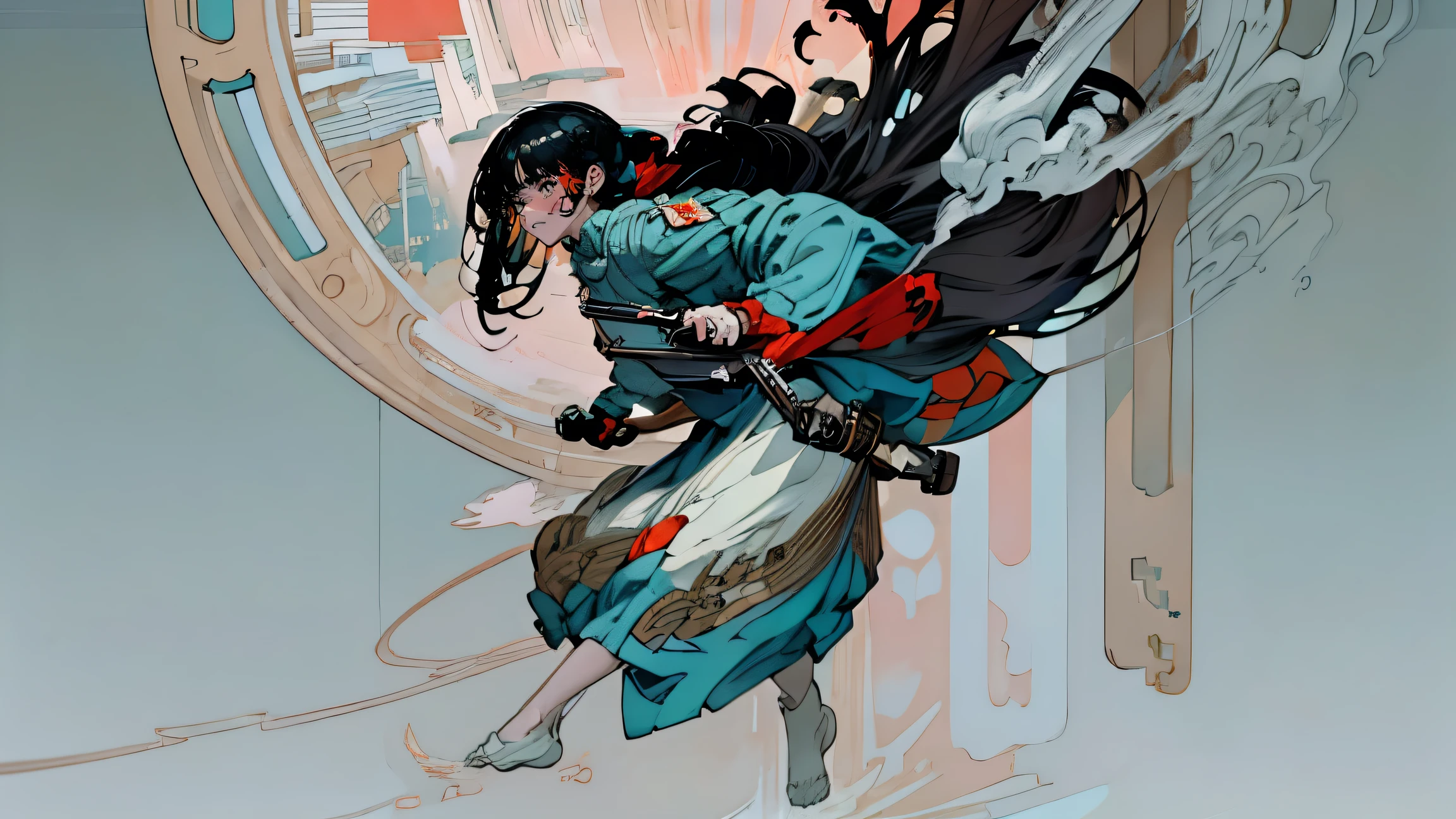 best quality, 4K wallpaper, masterpiece, extremely detailed CG unity 8k wallpaper, extremely detailed eyes, ultra-detailed, intricate details, 1girl, 21 year old, mexican brunette indigenous,long black hair, Girl playing games,gaming computer,cute ,(((6 and a half heads full body))) frontal view, Aqua eyes, Jacket, white pants, ((writing in a laptop hurriedly)), next to a window, character art style,,japanese style,large window,girl wearing headphones,sunset,painted with a rough hand-drawn aesthetic,ukiyoe style,fantasy,Edo Period,splash of color,movie perspective,advertising style