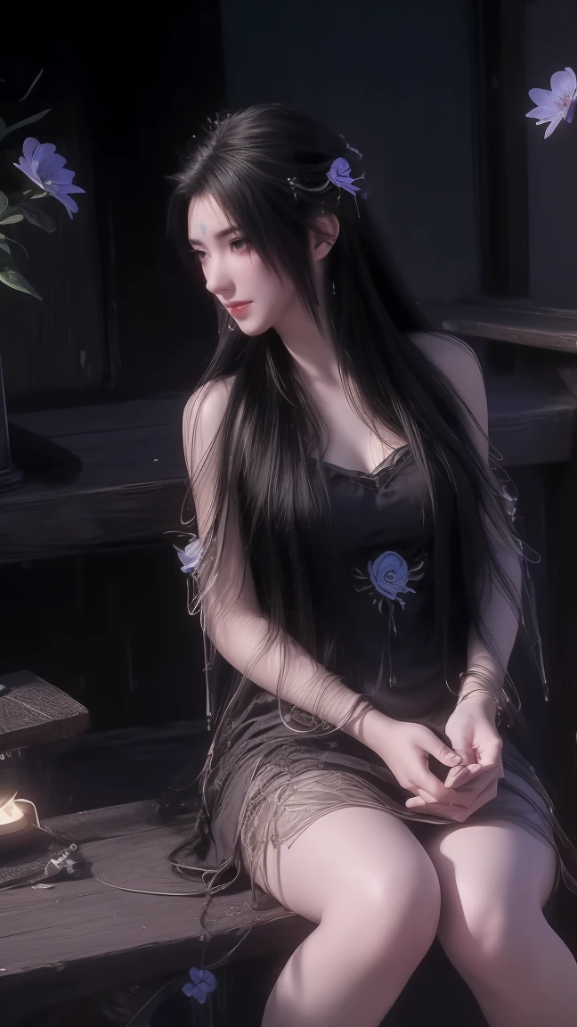 1girl, girl with long black hair, smiling, cheerful, girl is sitting among a wide expanse of flowers, surrounded by beautiful flowers, Calm and peaceful atmosphere, night, moonlight , Beautiful glowing butterflies surround the girl lighting up the darkness of the night, magic,Romantic, the night breeze blows the Sepoi Sepoi girl's hair, 