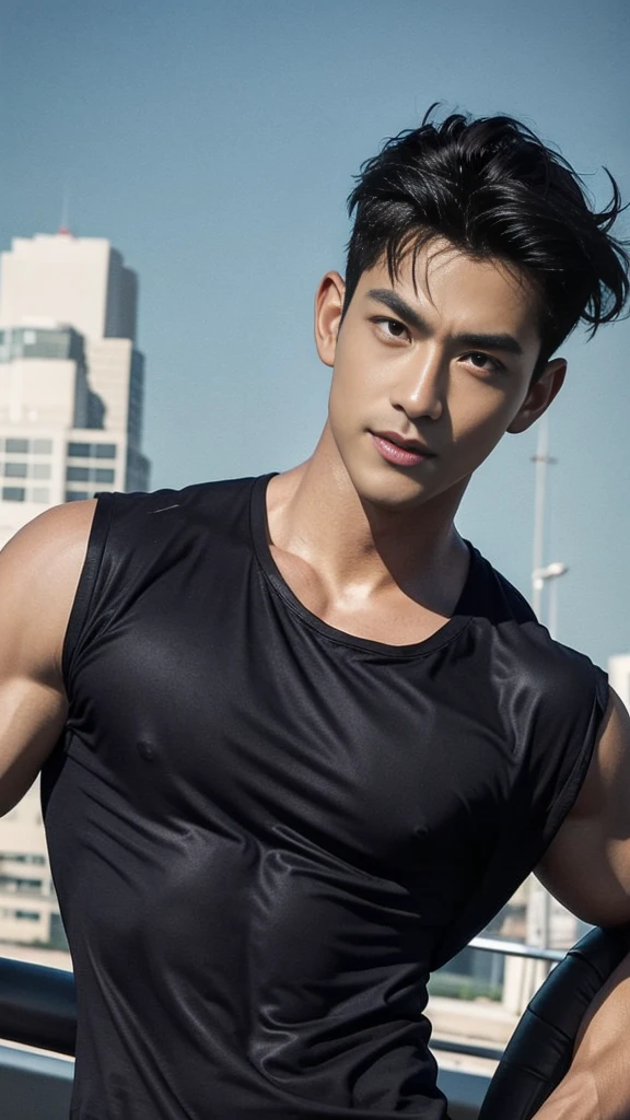 (Create a masterpiece: 1.2),(CGI art:1.3),(realistic:1.5),(After processing:1.3), (Sharp focus:1.3), 1 man, open mouth, smile, (Navy blue round neck shirt), Navy cargo pants, Korean guy , korean men, (High gloss details), chest muscles, large arm muscles, blood vessel, Big muscles, Broad shoulders, looking at the audience, Balancing the eyes, Seaside, beach, sunlight, running towards the camera
