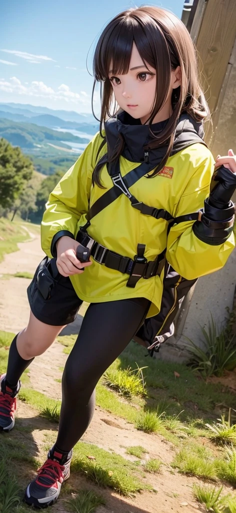 Create an image of a female adventurer wearing bright yellow clothes, showing a clear lack of interest in a smartphone. She should be holding the phone, but her focus should be on something else, such as the scenery around her or an adventure map. The setting can be an outdoor location like a forest or mountain trail, emphasizing her adventurous spirit. The overall mood should convey her disinterest in technology and her preference for the natural world.