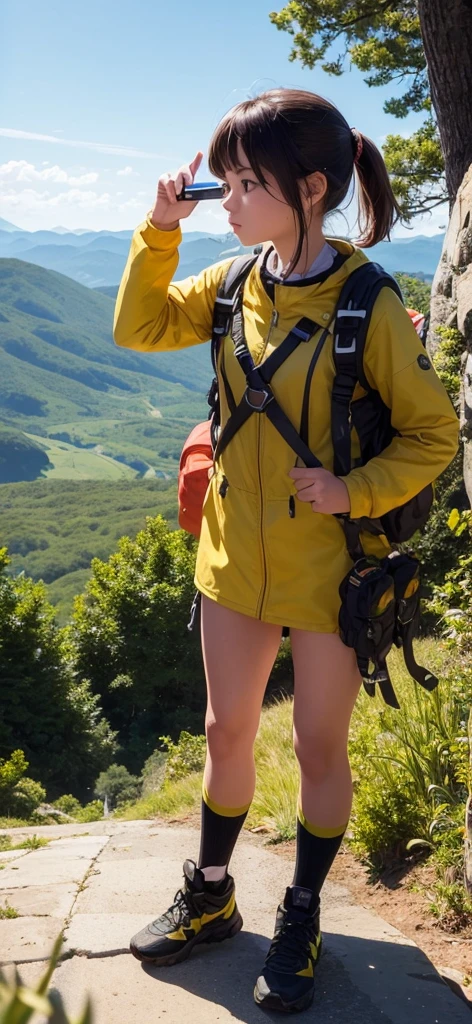 Create an image of a female adventurer wearing bright yellow clothes, showing a clear lack of interest in a smartphone. She should be holding the phone, but her focus should be on something else, such as the scenery around her or an adventure map. The setting can be an outdoor location like a forest or mountain trail, emphasizing her adventurous spirit. The overall mood should convey her disinterest in technology and her preference for the natural world.