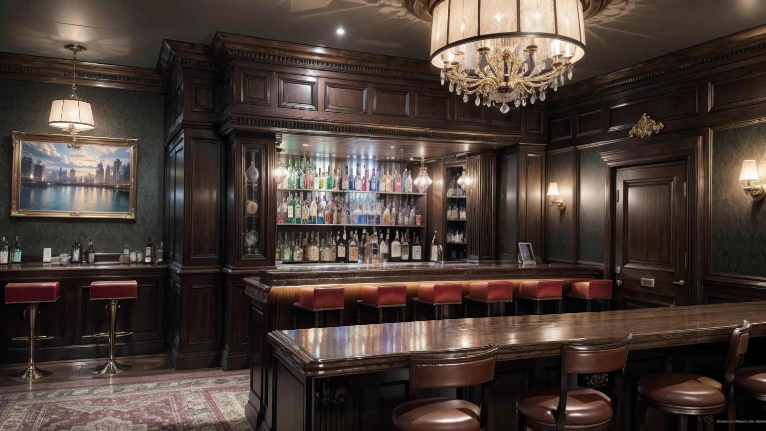 create an ultra-high definition, hyper-realistic, highly detailed, high quality image with sharp focus, professional lighting, vivid colors and intricate details, representing in detail a Pub modern, bar area with high stools, displaying a selection of spirits, shelf with drinks, meticulously capturing every intricate detail. utilize state-of-the-art deep learning models and adjust parameters according to quality metrics such as structural similarity (SSIM) and perceptual loss to create an indistinguishable image from a high-quality real photograph, sharp focus Fujifilm XT3, professional lighting, vivid colors, intricate details, film grain, realistic painting art Fujifilm XT3, f5.6, physically based rendering, natural lighting, cinematic lighting, dramatic lighting, professional, dynamic motion, colorful lighting, colors vibrant, studio lighting, professional photography, cinematic compositing, symmetrical framing, landscape, (best quality,4k,8k,16k,Highest,masterpiece:1.2),(realistic,photorealistic,photo-realistic:1.37), (extremely detailed CG unit, 16k wallpaper), 16k UHD, 16k HDR, (ultra-high definition, hyper-realistic, highly detailed, high image quality, sharp focus, professional lighting, vivid colors and intricate details),