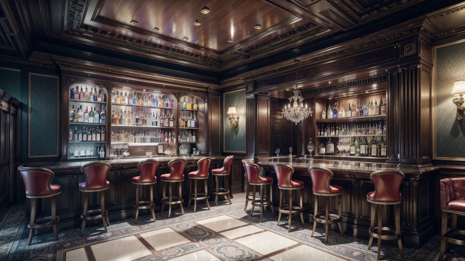create an ultra-high definition, hyper-realistic, highly detailed, high quality image with sharp focus, professional lighting, vivid colors and intricate details, representing in detail a Pub modern, bar area with high stools, displaying a selection of spirits, shelf with drinks, meticulously capturing every intricate detail. utilize state-of-the-art deep learning models and adjust parameters according to quality metrics such as structural similarity (SSIM) and perceptual loss to create an indistinguishable image from a high-quality real photograph, sharp focus Fujifilm XT3, professional lighting, vivid colors, intricate details, film grain, realistic painting art Fujifilm XT3, f5.6, physically based rendering, natural lighting, cinematic lighting, dramatic lighting, professional, dynamic motion, colorful lighting, colors vibrant, studio lighting, professional photography, cinematic compositing, symmetrical framing, landscape, (best quality,4k,8k,16k,Highest,masterpiece:1.2),(realistic,photorealistic,photo-realistic:1.37), (extremely detailed CG unit, 16k wallpaper), 16k UHD, 16k HDR, (ultra-high definition, hyper-realistic, highly detailed, high image quality, sharp focus, professional lighting, vivid colors and intricate details),