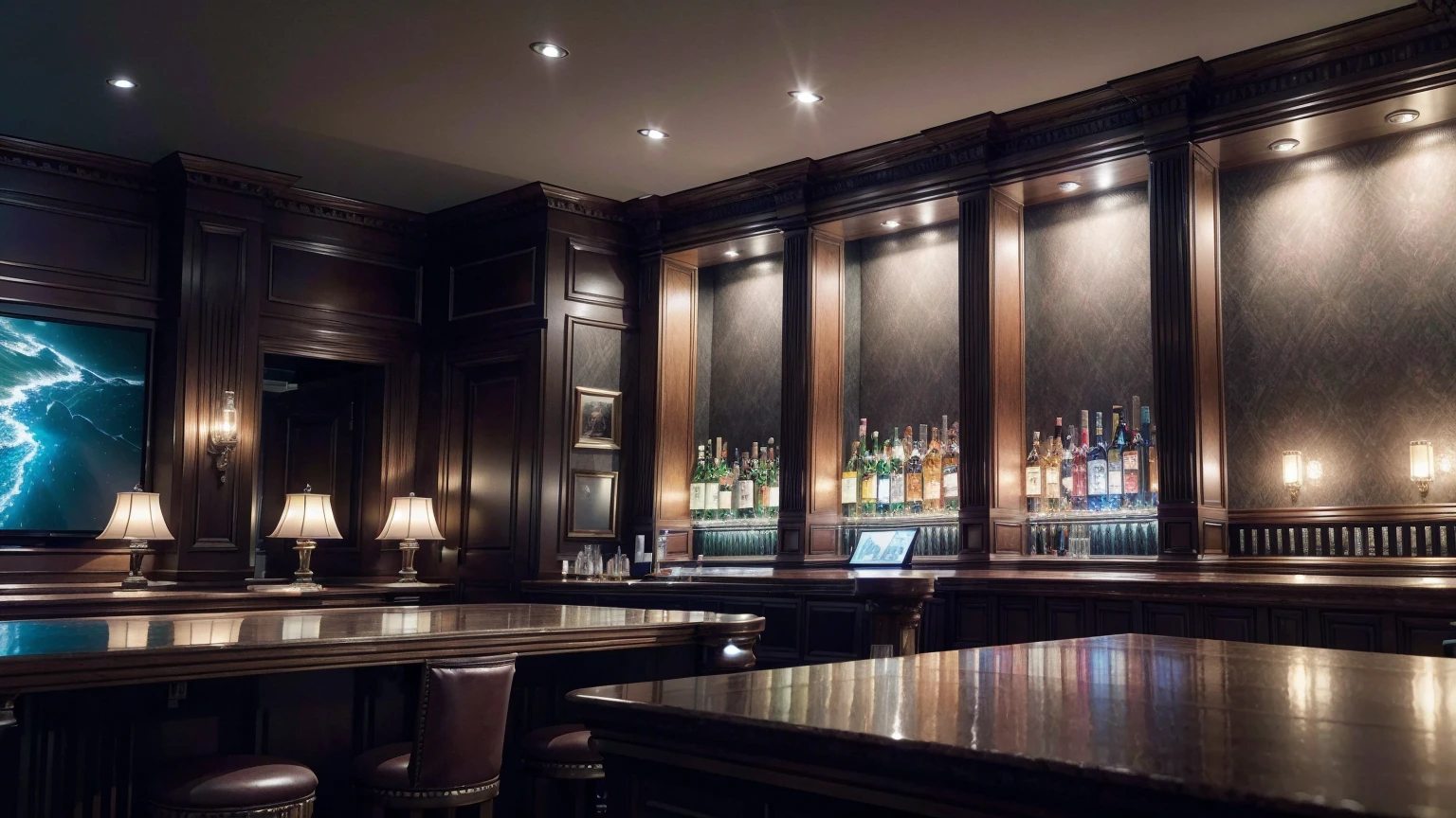 create an ultra-high definition, hyper-realistic, highly detailed, high quality image with sharp focus, professional lighting, vivid colors and intricate details, representing in detail a Pub modern, bar area with high stools, displaying a selection of spirits, shelf with drinks, meticulously capturing every intricate detail. utilize state-of-the-art deep learning models and adjust parameters according to quality metrics such as structural similarity (SSIM) and perceptual loss to create an indistinguishable image from a high-quality real photograph, sharp focus Fujifilm XT3, professional lighting, vivid colors, intricate details, film grain, realistic painting art Fujifilm XT3, f5.6, physically based rendering, natural lighting, cinematic lighting, dramatic lighting, professional, dynamic motion, colorful lighting, colors vibrant, studio lighting, professional photography, cinematic compositing, symmetrical framing, landscape, (best quality,4k,8k,16k,Highest,masterpiece:1.2),(realistic,photorealistic,photo-realistic:1.37), (extremely detailed CG unit, 16k wallpaper), 16k UHD, 16k HDR, (ultra-high definition, hyper-realistic, highly detailed, high image quality, sharp focus, professional lighting, vivid colors and intricate details),