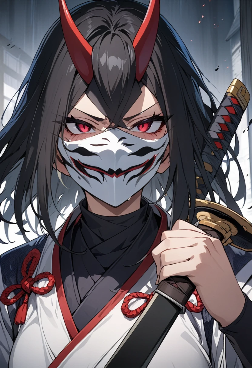 masterpiece, highest quality, Very detailed, anime, A samurai, sword, holding 邪evilなオーラ, female, evil, Strong feeling, mask