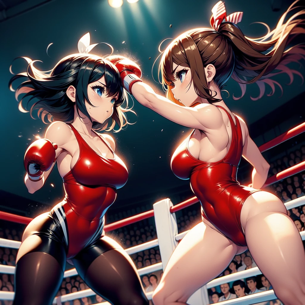 NSFW , In the Jungle Boxing ring , Small woman and big woman , Fullbody shot , Wear Monokini swimsuit with pantyhose , Female boxing Face to face, So huge breasts.