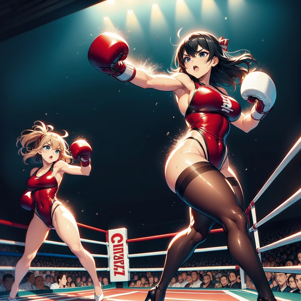 NSFW , In the Jungle Boxing ring , Small woman and big woman , Fullbody shot , Wear Monokini swimsuit with pantyhose , Female boxing Face to face, So huge breasts.