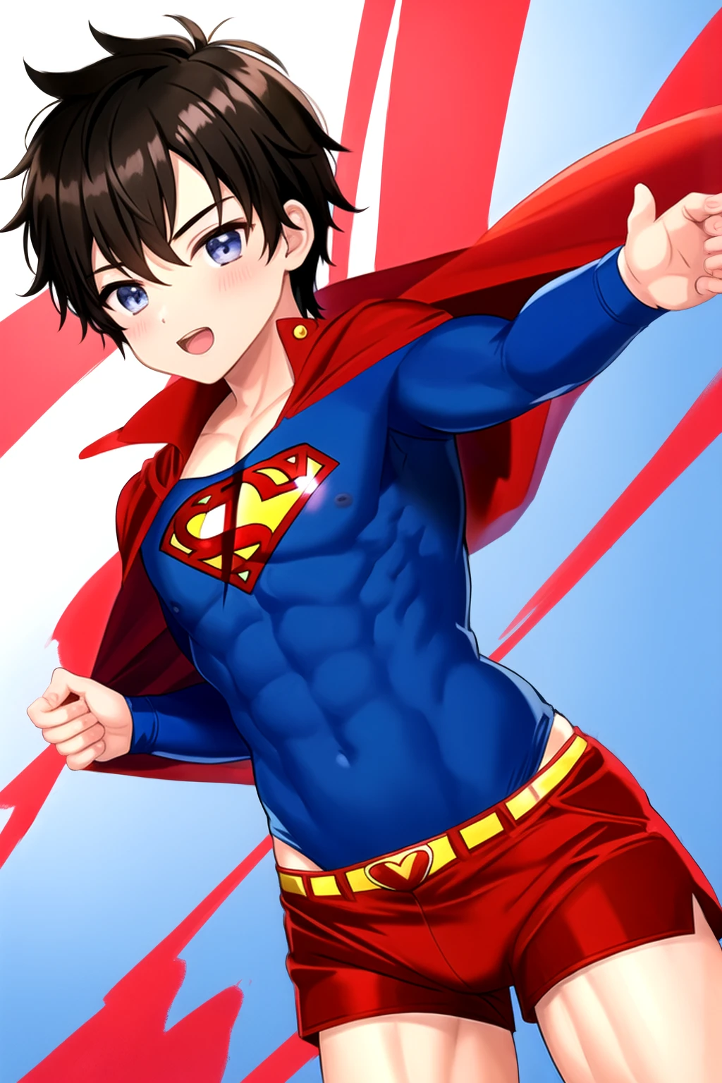 1boy, cute, muscle, wearing superman suit, red shorts, flying
