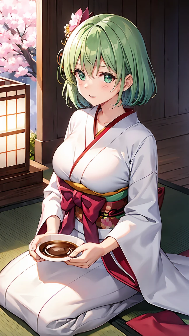 Girl with short green hair, Small breasts, Green Eyes, White Casual Wear Beauty Special、(((tits))),Full body photo from head to toe、Kimono、Patterned Japanese clothing、Cherry tree in full bloom、Fluttering petals、Tea Ceremony、Graceful Manners、Tea party、Chatting in a Japanese-style room
