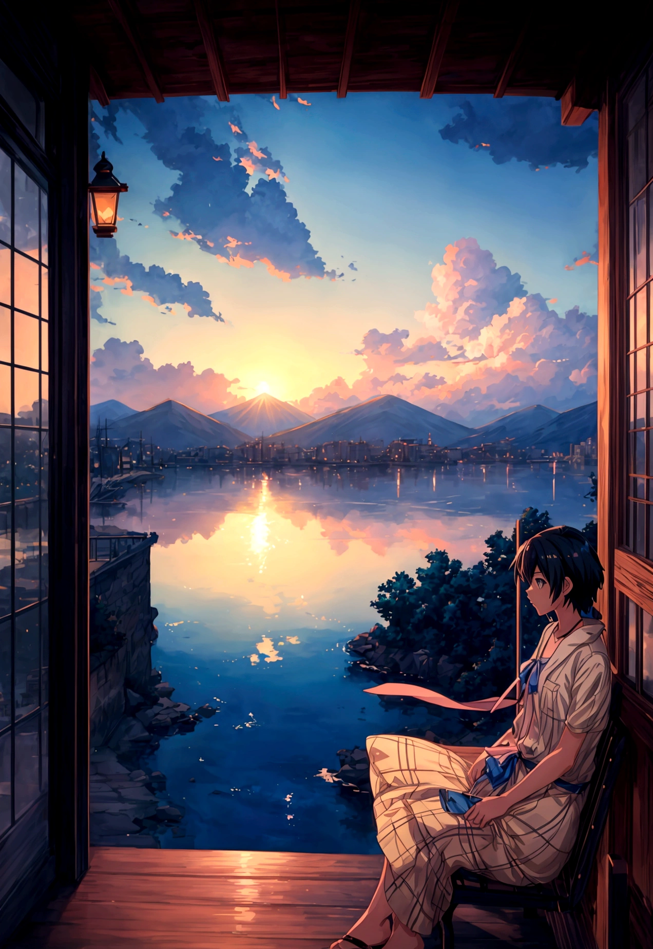 Anime scenery with a bench overlooking the water and mountains, Anime scenerys, Beautiful anime scenery, Beautiful anime scene, makoto shinkai's style, Anime Background, Anime scenery, Beautiful peaceful scene in anime, makoto shinkai. —h 2160, In the style of Makoto Shinkai, Anime Background Art, ( ( makoto shinkai ) )
