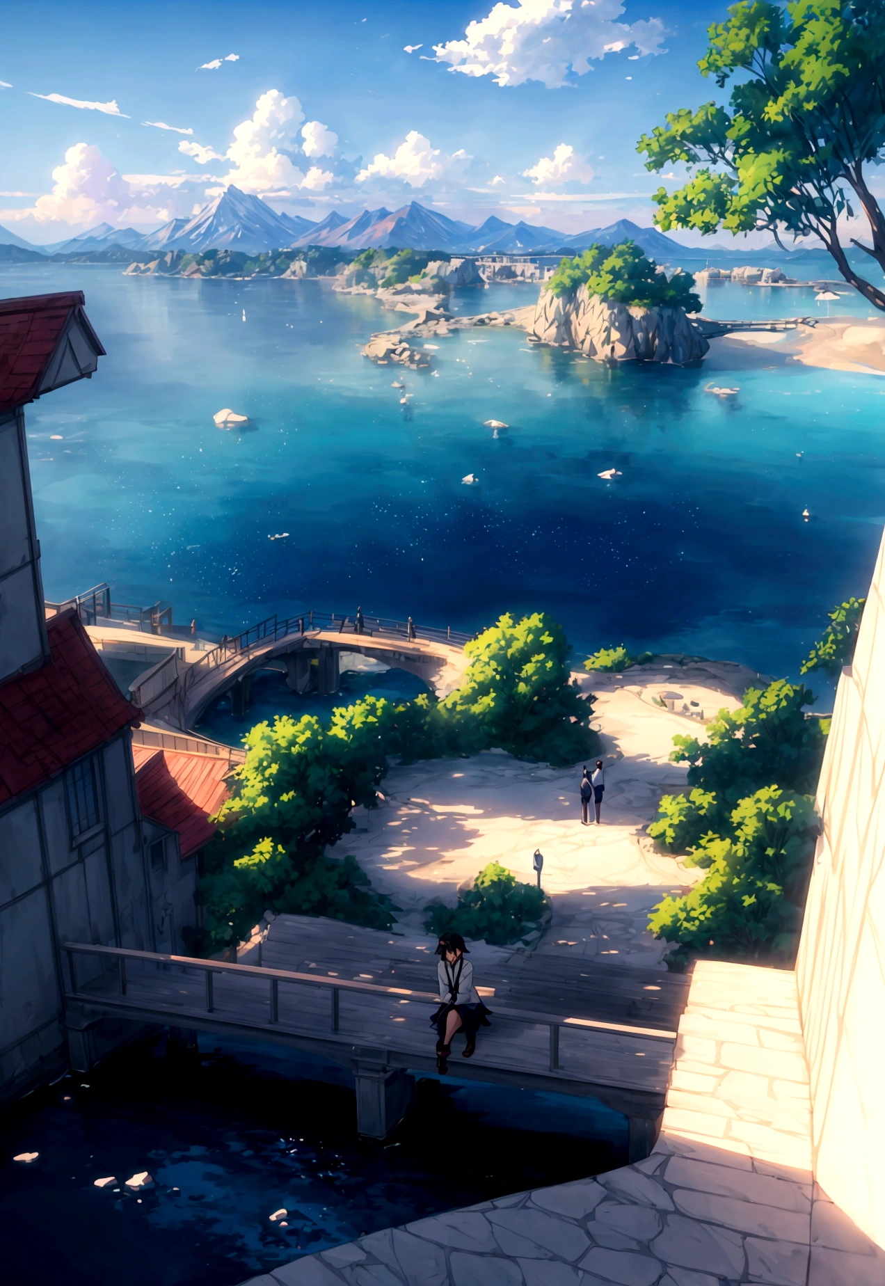 Anime scenery with a bench overlooking the water and mountains, Anime scenerys, Beautiful anime scenery, Beautiful anime scene, makoto shinkai's style, Anime Background, Anime scenery, Beautiful peaceful scene in anime, makoto shinkai. —h 2160, In the style of Makoto Shinkai, Anime Background Art, ( ( makoto shinkai ) )