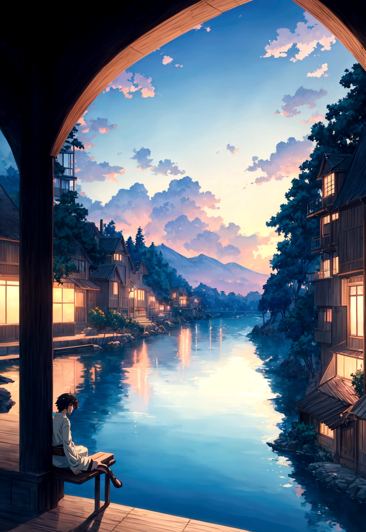 Anime scenery with a bench overlooking the water and mountains, Anime scenerys, Beautiful anime scenery, Beautiful anime scene, makoto shinkai's style, Anime Background, Anime scenery, Beautiful peaceful scene in anime, makoto shinkai. —h 2160, In the style of Makoto Shinkai, Anime Background Art, ( ( makoto shinkai ) )