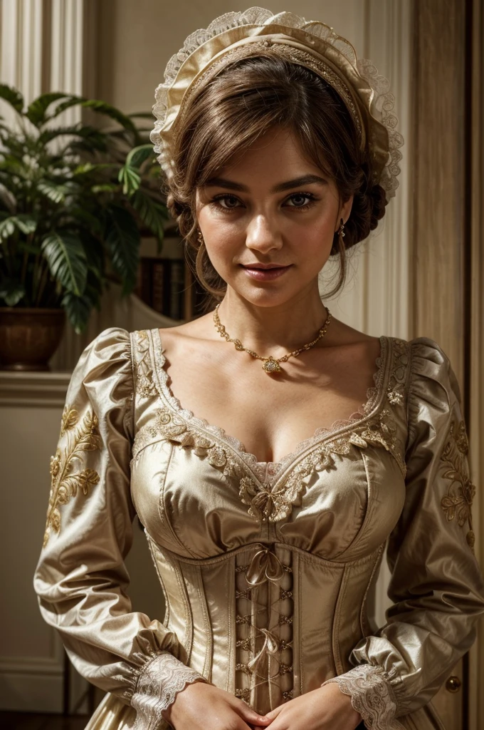 a middle-aged lady with golden hair, dressed in a traditional late 18th-century full-sleeved corset dress:
Appearance: The lady is of mid-old age, with soft golden hair styled in gentle waves that frame her face. Her complexion is fair and smooth, with a hint of rosy blush on her cheeks. Her eyes, a striking hazel, convey wisdom and grace, framed by delicate eyebrows.
Attire: She wears an opulent corset dress in sumptuous fabrics, featuring full sleeves that are gathered at the wrists and embellished with intricate lace or embroidered patterns. The bodice of her dress is tailored to flatter her figure, adorned with floral motifs or ornate designs that reflect her status. A lace collar or ruffled neckline adds a touch of elegance.
Accessories: Adorning her hair is a stylish bonnet or feathered hat, complementing the style of her dress and enhancing her refined appearance. She wears pearl earrings and a delicate necklace that glimmers softly in the light. In her hand, she holds a fan crafted with intricate detailing that matches the colors and motifs of her attire.
Expression: Her face radiates serenity and poise, with a gentle smile that exudes warmth and sophistication. Her eyes, sparkling with a hint of mischief, reveal a depth of experience and wisdom earned over the years in high society.
Background: Place her in a setting reminiscent of late 18th-century Europe, such as a grand salon adorned with classical decor or a serene garden blooming with period-appropriate flowers. Soft candlelight or natural sunlight illuminates the richness of her attire and the refined ambiance of her surroundings.