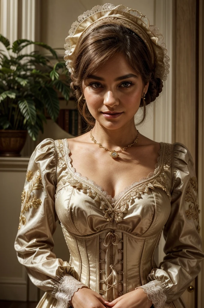 a middle-aged lady with golden hair, dressed in a traditional late 18th-century full-sleeved corset dress:
Appearance: The lady is of mid-old age, with soft golden hair styled in gentle waves that frame her face. Her complexion is fair and smooth, with a hint of rosy blush on her cheeks. Her eyes, a striking hazel, convey wisdom and grace, framed by delicate eyebrows.
Attire: She wears an opulent corset dress in sumptuous fabrics, featuring full sleeves that are gathered at the wrists and embellished with intricate lace or embroidered patterns. The bodice of her dress is tailored to flatter her figure, adorned with floral motifs or ornate designs that reflect her status. A lace collar or ruffled neckline adds a touch of elegance.
Accessories: Adorning her hair is a stylish bonnet or feathered hat, complementing the style of her dress and enhancing her refined appearance. She wears pearl earrings and a delicate necklace that glimmers softly in the light. In her hand, she holds a fan crafted with intricate detailing that matches the colors and motifs of her attire.
Expression: Her face radiates serenity and poise, with a gentle smile that exudes warmth and sophistication. Her eyes, sparkling with a hint of mischief, reveal a depth of experience and wisdom earned over the years in high society.
Background: Place her in a setting reminiscent of late 18th-century Europe, such as a grand salon adorned with classical decor or a serene garden blooming with period-appropriate flowers. Soft candlelight or natural sunlight illuminates the richness of her attire and the refined ambiance of her surroundings.