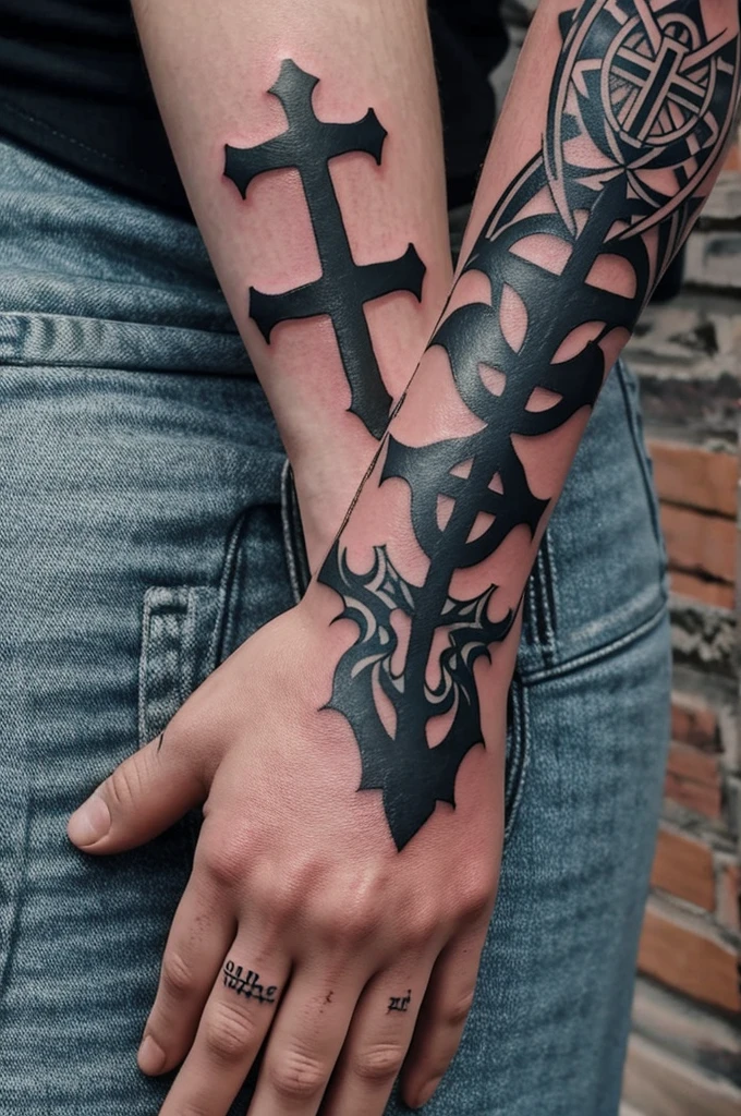 Make a real hand with a tattoo of cross