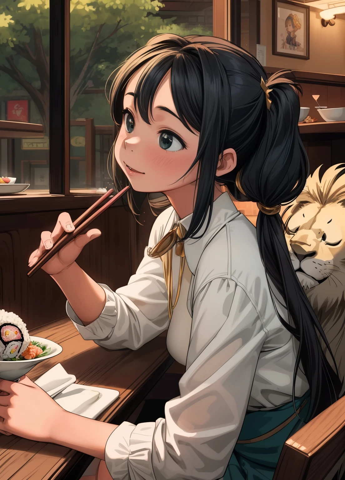 (masterpiece、Highest quality、Highest quality、Official Art、Beautiful and beautiful:1.2)、(One girl:1.3)Hatsune Miku、Twin tails,Beautiful breasts,Lionel, An 8-year-old girl dressed as Saber Lion, Attractive bustling Japanese restaurant. A variety of characters enjoying sushi, She enjoys it, A scene full of laughter. Lionel's innocence and charm stand out in this enchanting moment, Her presence brings magic to the lively restaurant. (the mane of a lion:1.3)