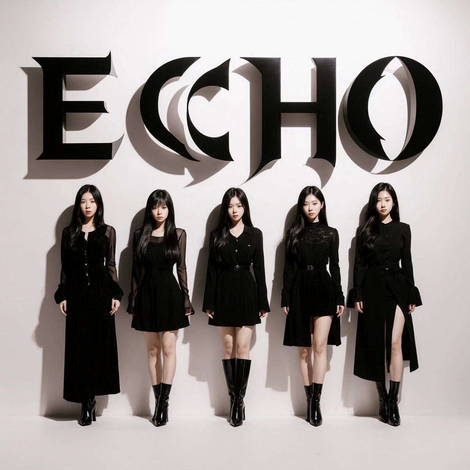 for "Perjalanan Cinta" by Echo features five korean female band members standing in front of large text with the album title and band name. They are dressed entirely in black, giving an elegant and formal impression. The design is minimalist with a white background, focusing on the contrast between the bold text "ECHO" and the appearance of the band members.