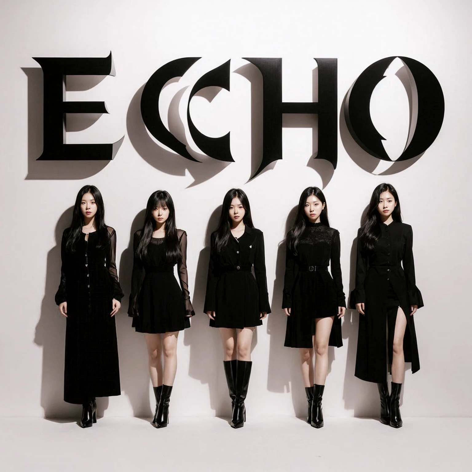 for "Perjalanan Cinta" by Echo features five korean female band members standing in front of large text with the album title and band name. They are dressed entirely in black, giving an elegant and formal impression. The design is minimalist with a white background, focusing on the contrast between the bold text "ECHO" and the appearance of the band members.