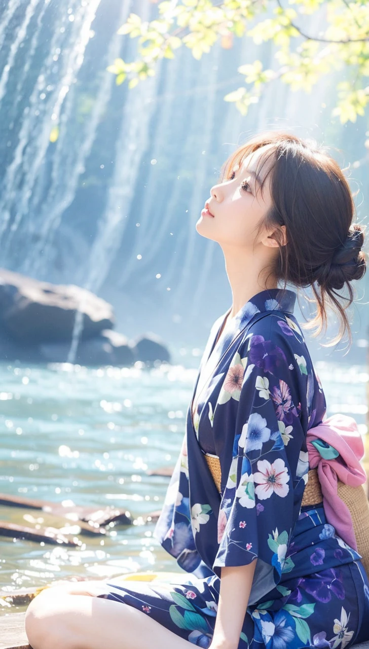 Beautiful Japanese Waifu, early 30s, brunette hair, blue yukata, bathing sunlight at riverbanks