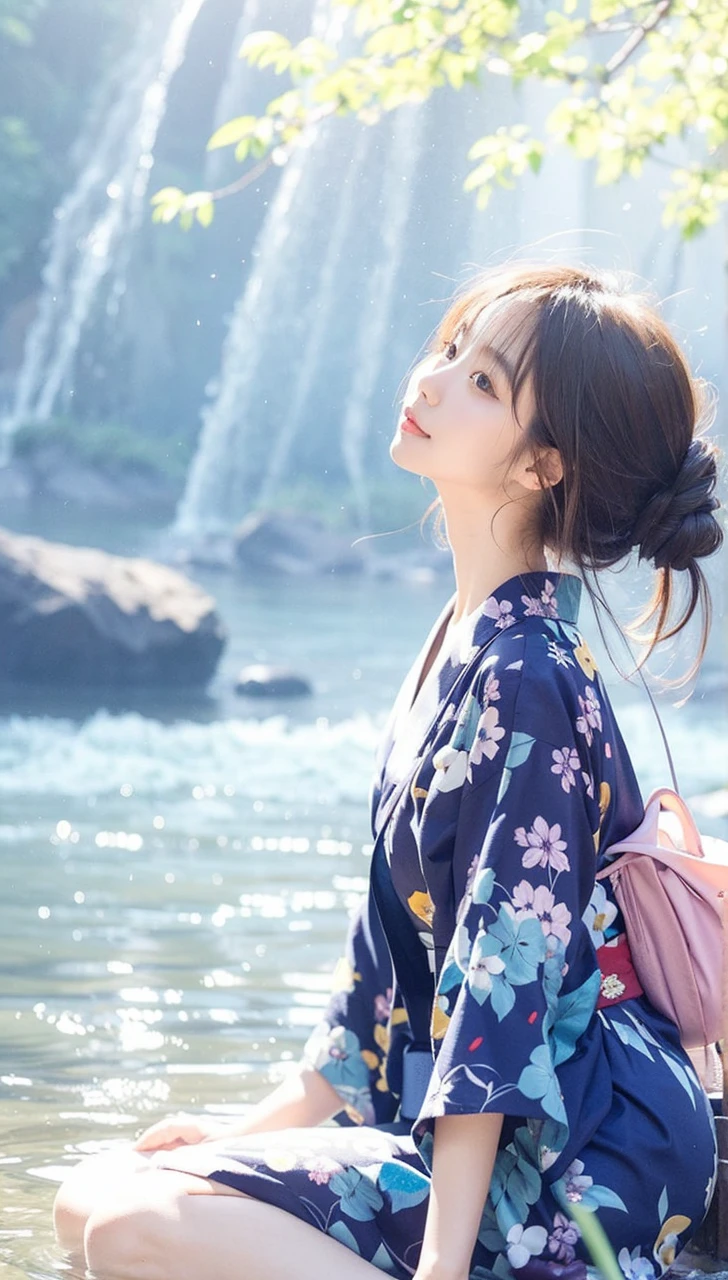 Beautiful Japanese Waifu, early 30s, brunette hair, blue yukata, bathing sunlight at riverbanks 