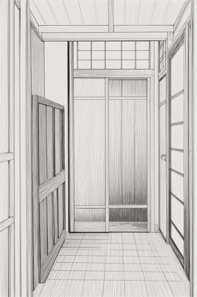 ((Japanese manga/comic style)). (Black and white illustration, grayscale). Scene: The protagonist opens the door and enters the living room where everyone is hiding.
