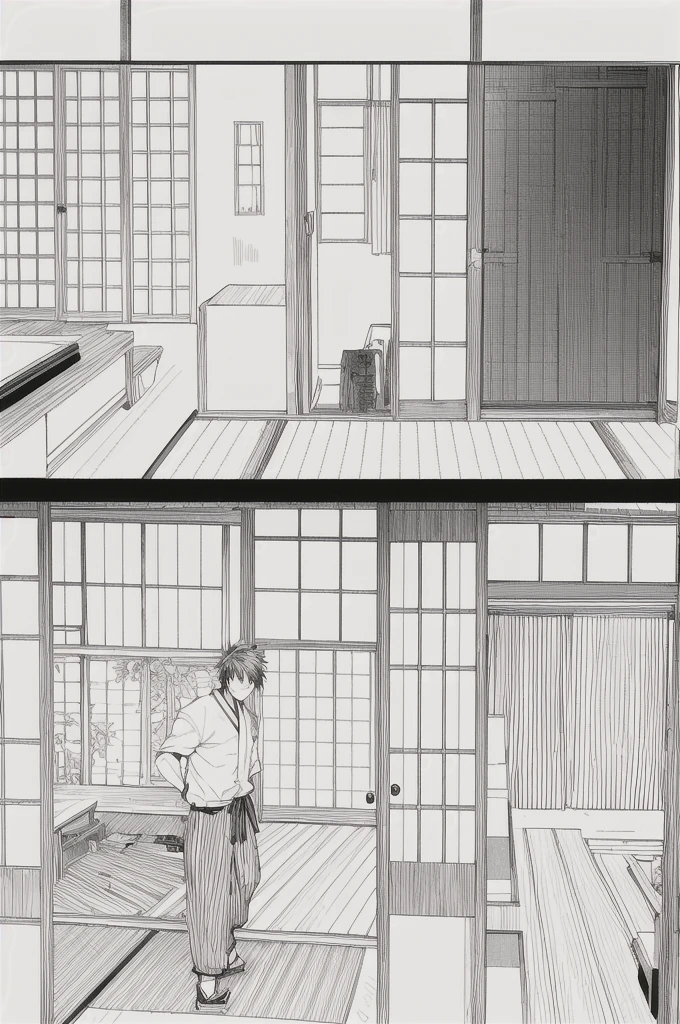 ((Japanese manga/comic style)). (Black and white illustration, grayscale). Scene: The protagonist opens the door and enters the living room where everyone is hiding.