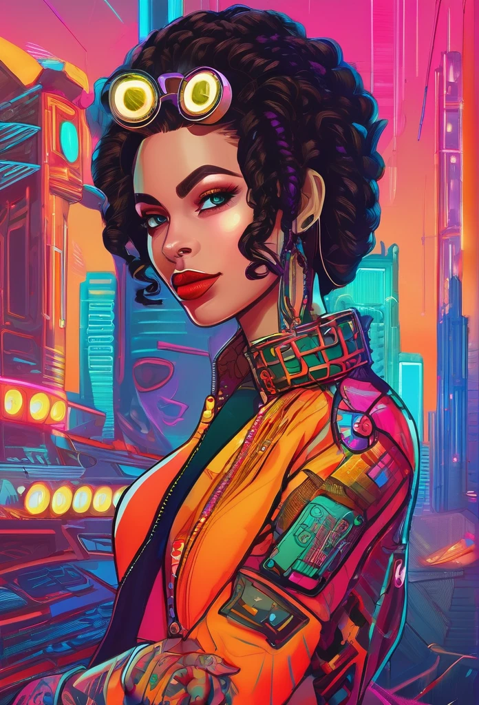 Pawg, flawless, porcelain-like skin. The intricate details of her cyberpunk-inspired outfit are truly a work of art, with bold colors and patterns that catch the eye and demand attention. From the eye-catching accessories adorning her fingers and wrists to the trendy and innovative hairstyle that defies gravity, Maxine exudes confidence and uniqueness in every aspect. The cityscape behind her is a cyberpunk lover's dream, with towering skyscrapers reaching towards the sky, adorned with vibrant neon signs and LED lights that create a mesmerizing display of bright and vivid colors. Every pixel of this illustration is meticulously crafted to ensure the highest quality and ultra-detailed depiction of Maxine's face, showcasing her flawless complexion, perfectly arched eyebrows, and delicately applied