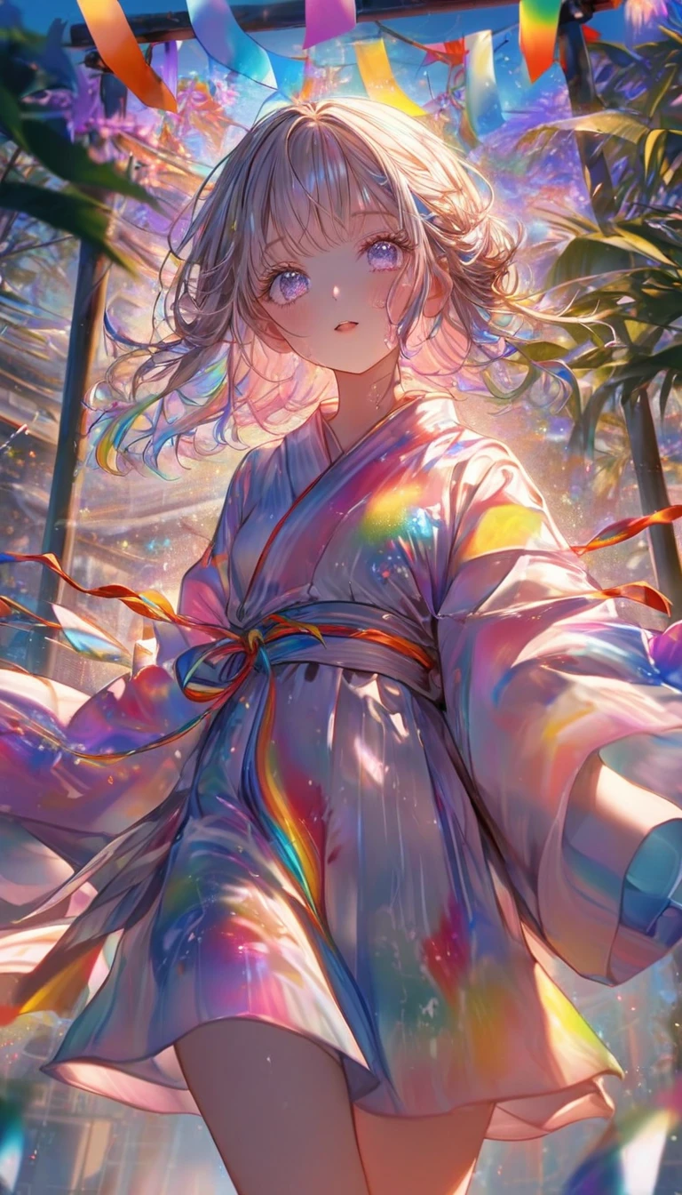 Tanabata、Strip、Bamboo leaf、Stripに願いをこめて、Grilling in a yukata,fluid,Particles of light, dream-like,Sparkling,dream-like glow,Paint drips,oil,strong stroke,Paint drips,Splash Paint Drop, oil,(Abstract:1.2)A girl made up of(Tanabataライトトレース:1.25),Change to (Radioluminescence light tracking) Style Fireworks,(Cowboy Shot,Above Knee Portrait:1.25),Temple Fair,Summer festival,Shining in rainbow colors、16K, Ultra-high resolution, to be born,wonderful ,future、Iridescent、The world 30 years from now。